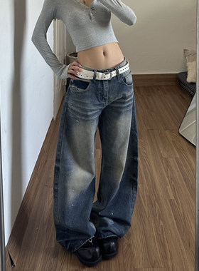 蓝色泼墨弯刀牛仔裤子女2026年春季新款宽松设计感阔腿裤拖地裤子