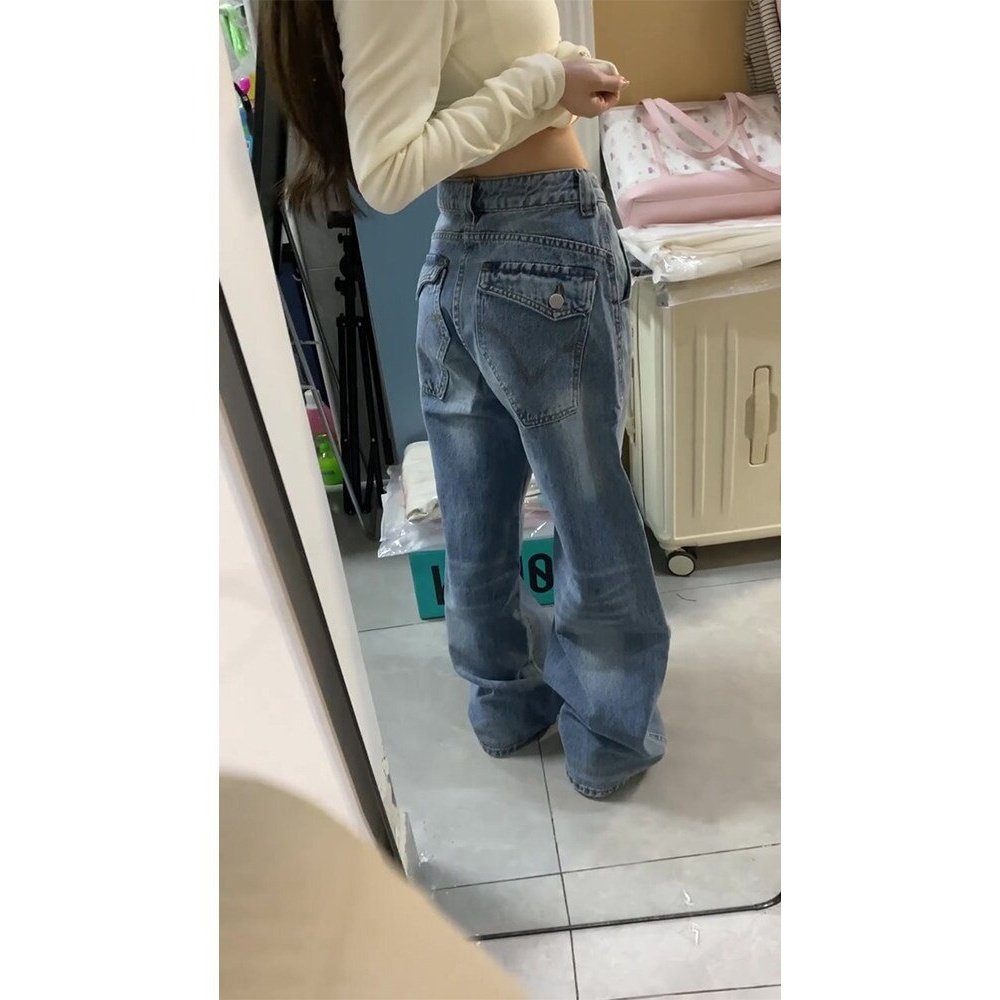 美式复古高腰直筒牛仔裤女2026春季新款口袋刺绣设计修身阔腿裤子,女装/女士精品,牛仔裤,淘宝优惠券,粉丝福利购,淘宝优惠卷