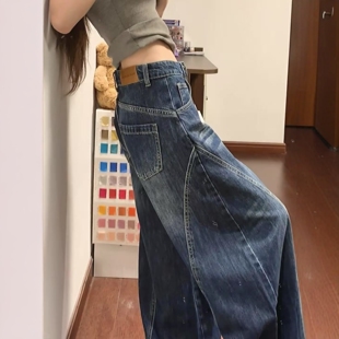 美式水洗阔腿弯刀牛仔裤女早秋新款高街宽松显瘦休闲直筒镰刀裤子
