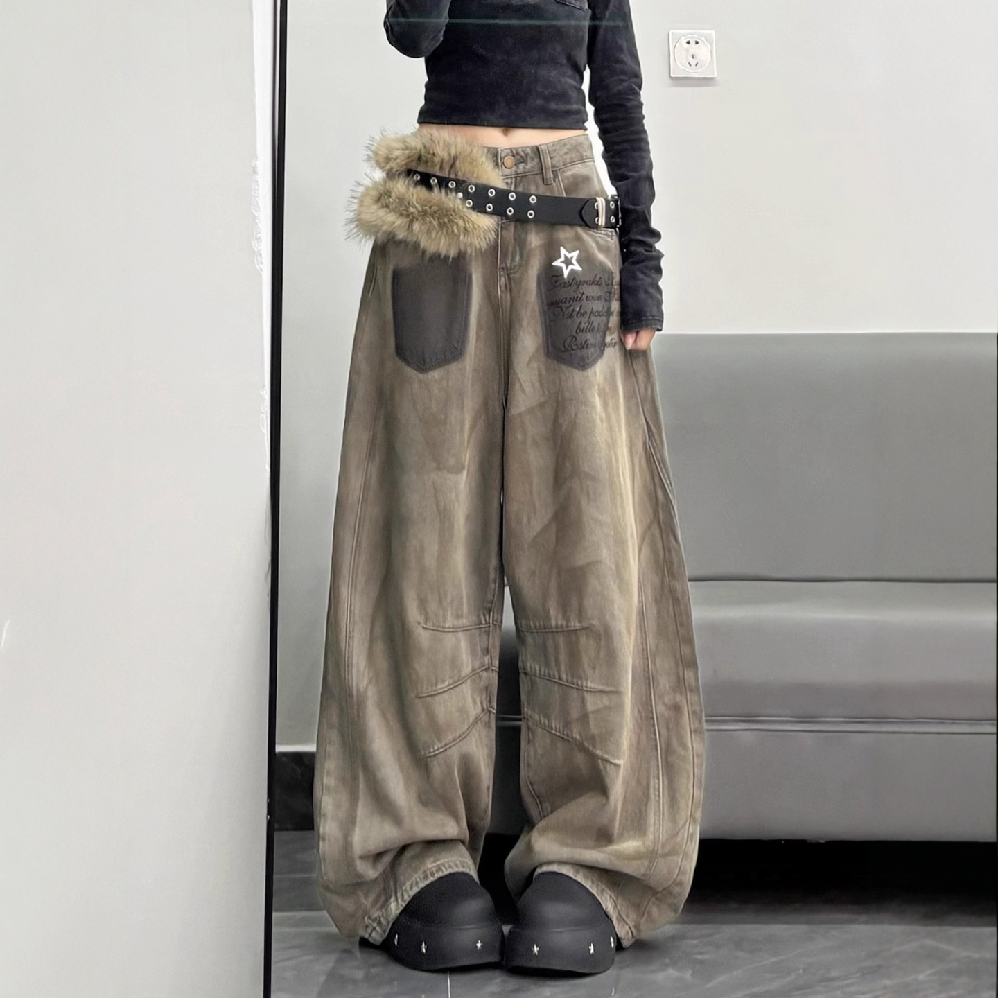 街舞达人嘻哈牛仔裤女2025秋装新款高腰显瘦宽松慵懒风学生阔腿裤