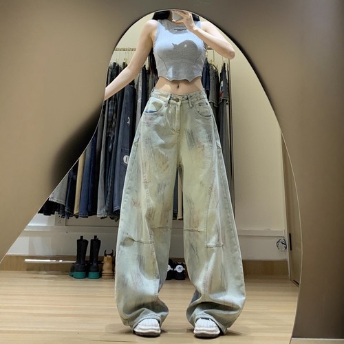 复古重工脏洗高腰牛仔裤女2026秋季新款宽松设计感小众阔腿弯刀裤