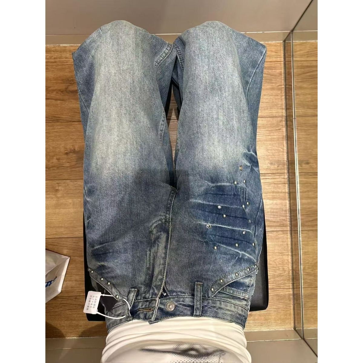 美式复古重工铆钉牛仔裤女秋季版型超好看的裤子拼接宽松直筒长裤