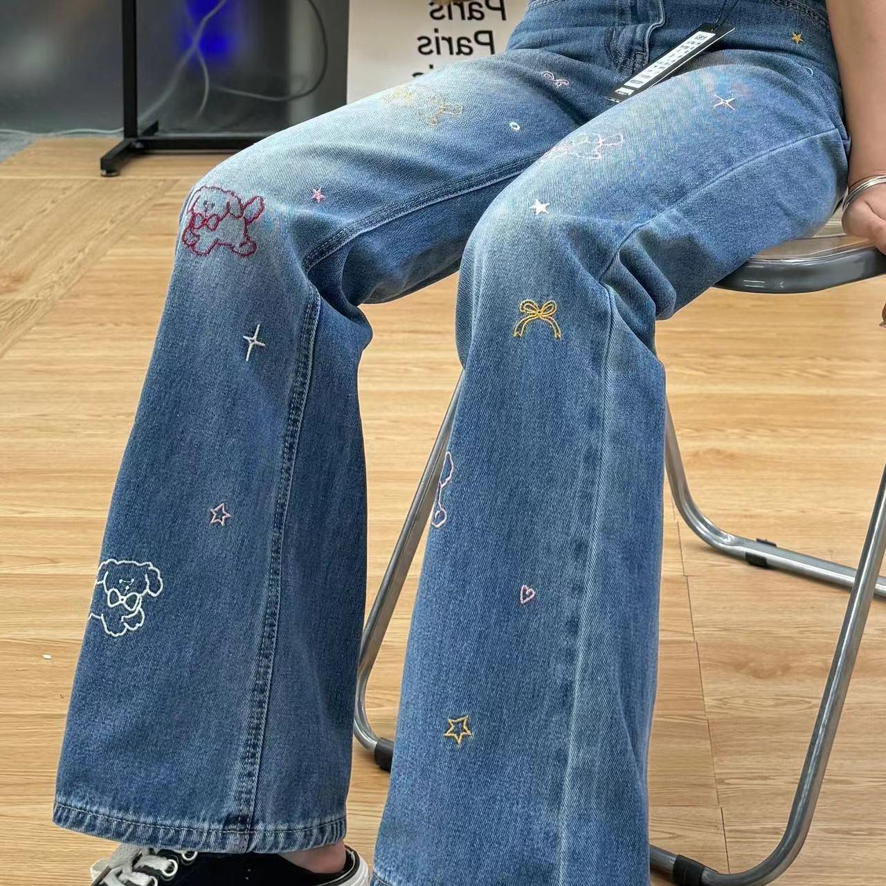 刺绣牛仔裤高腰牛仔裤休闲长裤子