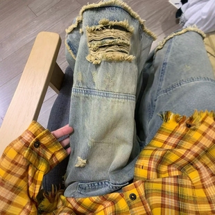 慵懒显瘦拖地长裤 美式 新款 2025夏季 子 辣妹街头做旧破洞阔腿牛仔裤