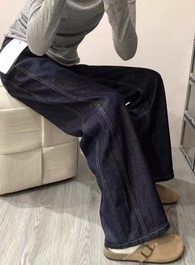 设计感宽松直筒牛仔裤女秋冬新款美式复古深蓝色高腰梨型身材裤子