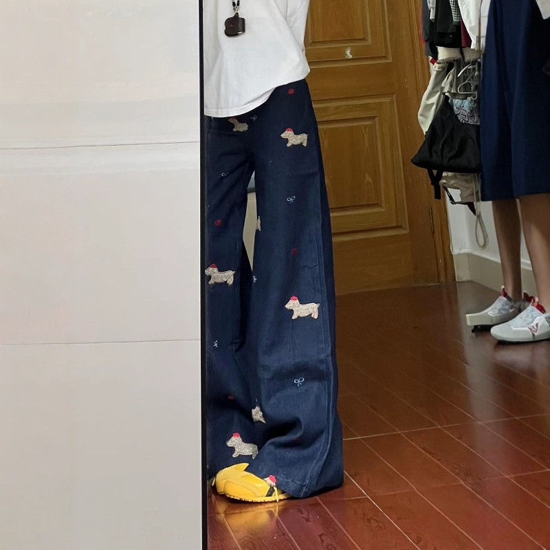 刺绣牛仔裤高腰牛仔裤休闲长裤子