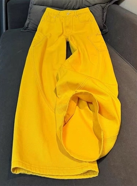 黄色字母刺绣弯刀牛仔裤女夏季新款高腰慵懒拼接直筒阔腿拖地长裤