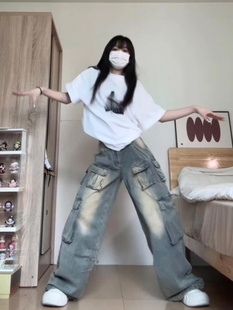 女秋季 牛仔裤 2026新款 阔腿裤 子潮 美式 宽松拖地长裤 复古多口袋工装