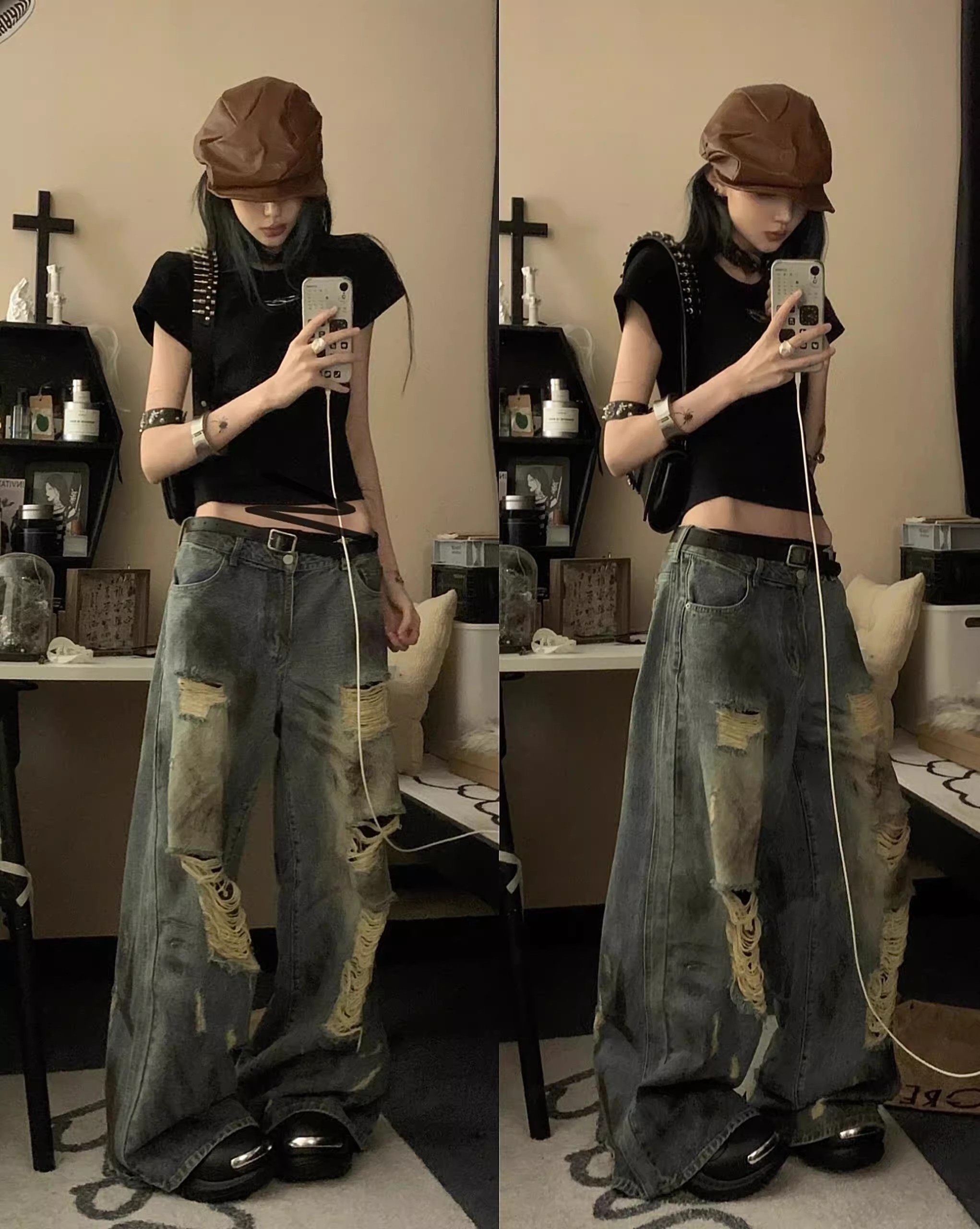 美式复古废土风泼墨破洞牛仔裤女夏季新款水洗垂感直筒拖地裤子潮,女装/女士精品,卫裤,淘宝优惠券,粉丝福利购,淘宝优惠卷