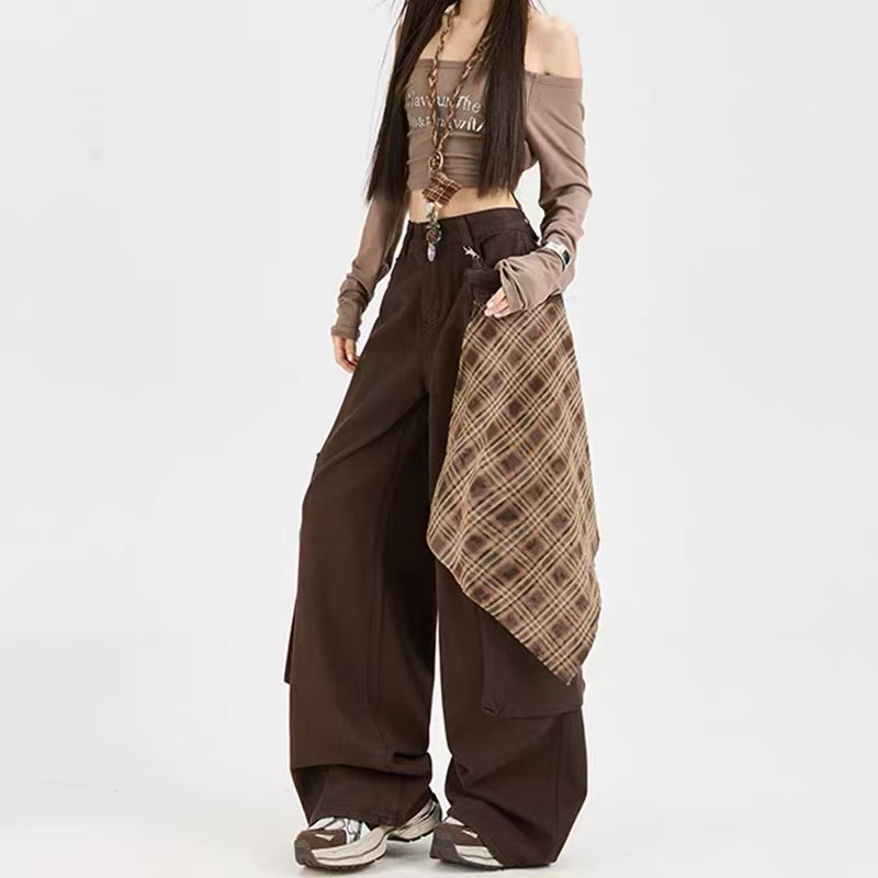 复古美拉德棕色屁帘工装牛仔裤女秋季2025新款户外宽松拖地阔腿裤