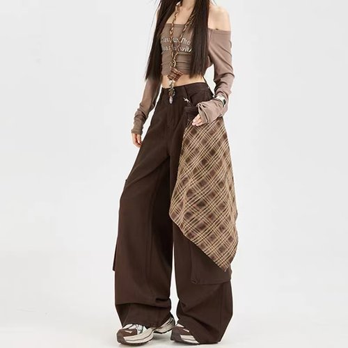 复古美拉德棕色屁帘工装牛仔裤女秋季2025新款户外宽松拖地阔腿裤