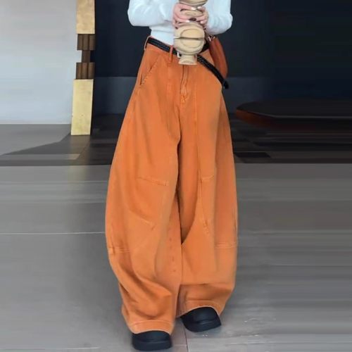 橙色弯刀休闲牛仔裤女秋季2025新款高腰显瘦宽松阔腿拖地长裤子潮