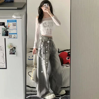宽松牛仔裤高腰休闲直筒显瘦修身
