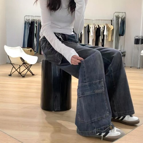 宽松工装裤高腰牛仔裤休闲长裤子