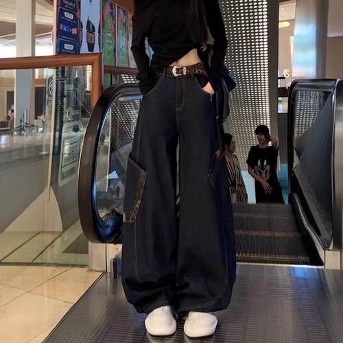 美式豹纹拼接弯刀工装牛仔裤女秋冬新款高腰宽松显瘦阔腿长裤子潮