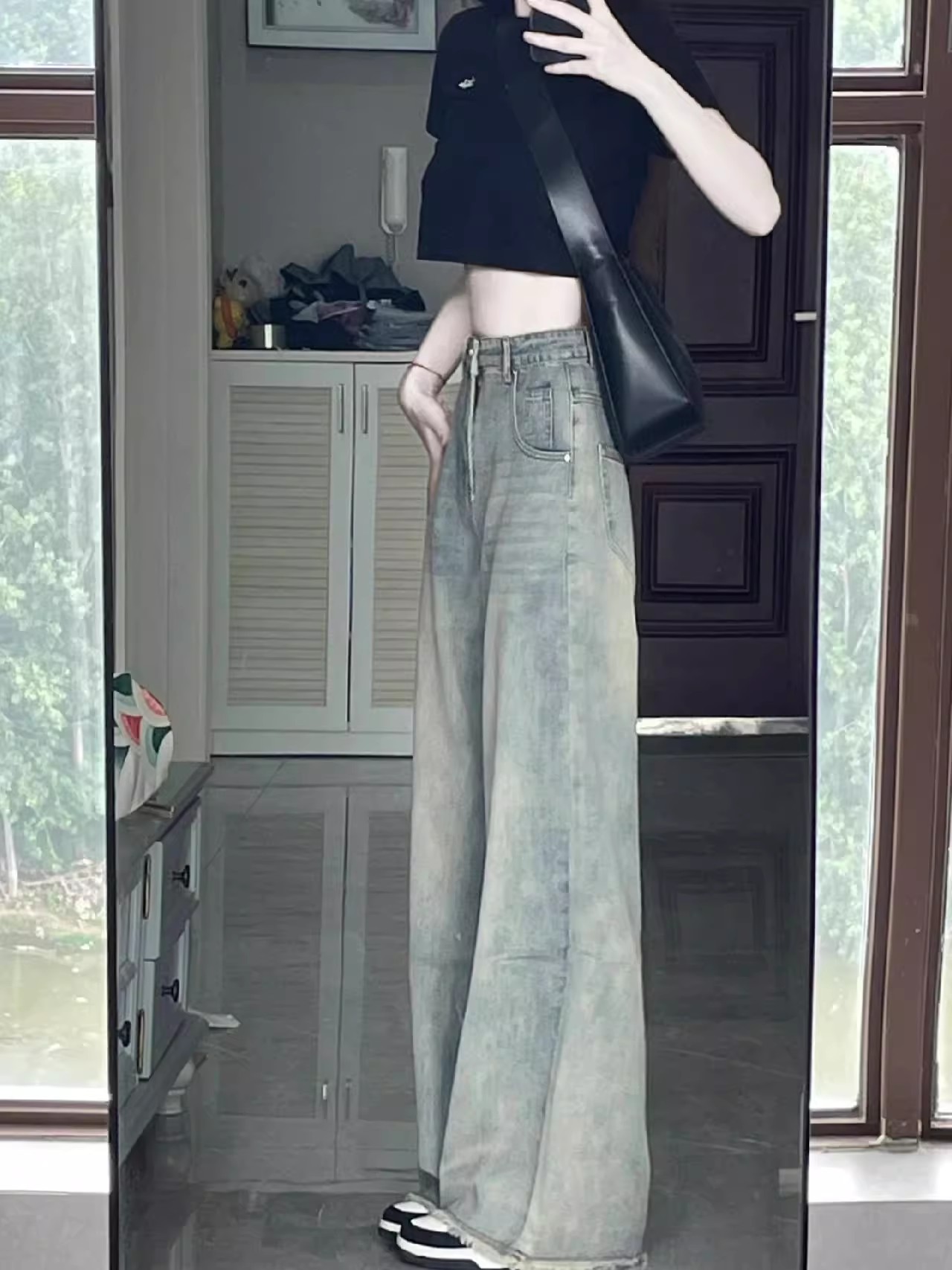 阔腿牛仔裤高腰牛仔裤牛仔长裤子