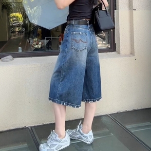 女宽松显瘦七分阔腿短裤 2025夏季 高腰蓝色直筒牛仔中裤 新款 子 薄款