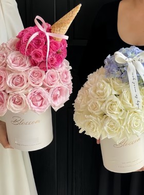 花店高颜值圆形抱抱桶花盒鲜花礼盒插花圆筒花艺包装抱抱桶