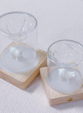 观山杯白熊竹托盘组合套装藏山玻璃杯发光灯垫桌面微景观装饰摆件