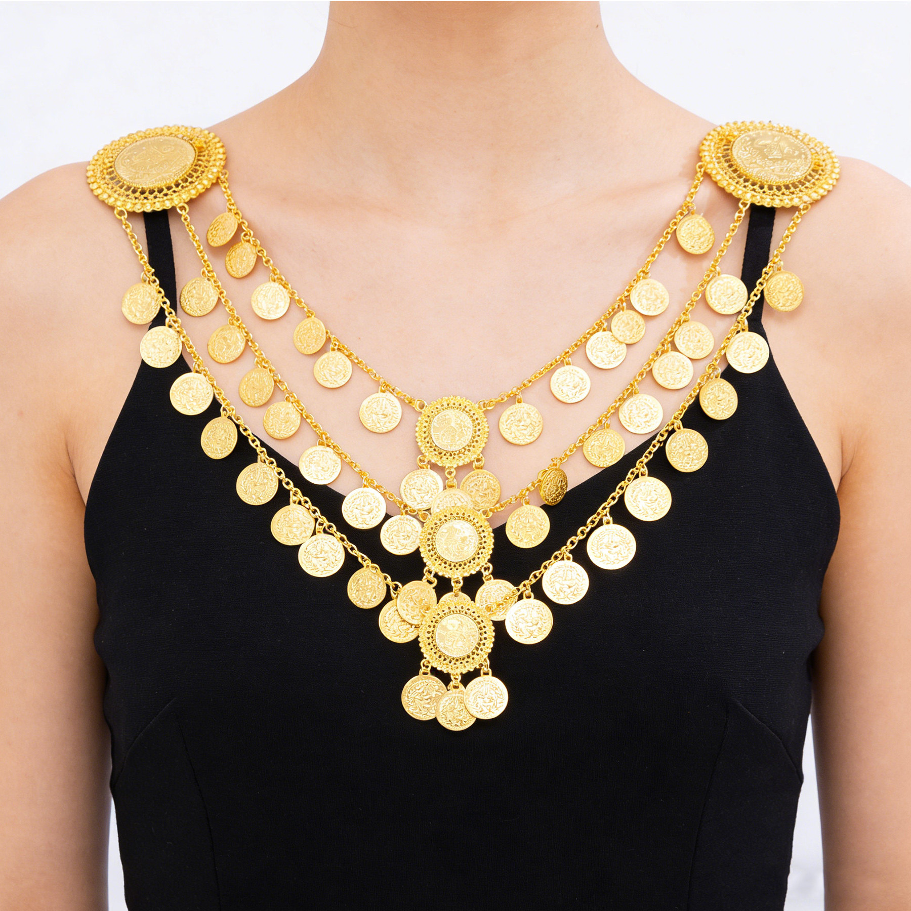 复古风金属钱币腰链女多层流苏腰带民族风可调节连衣裙腰封肩链