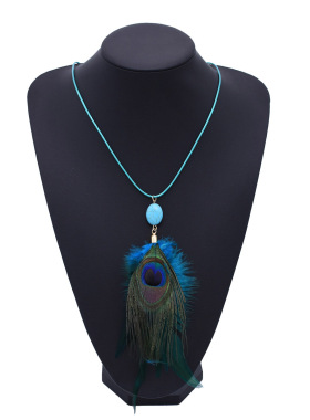民族风孔雀羽长款毛项链