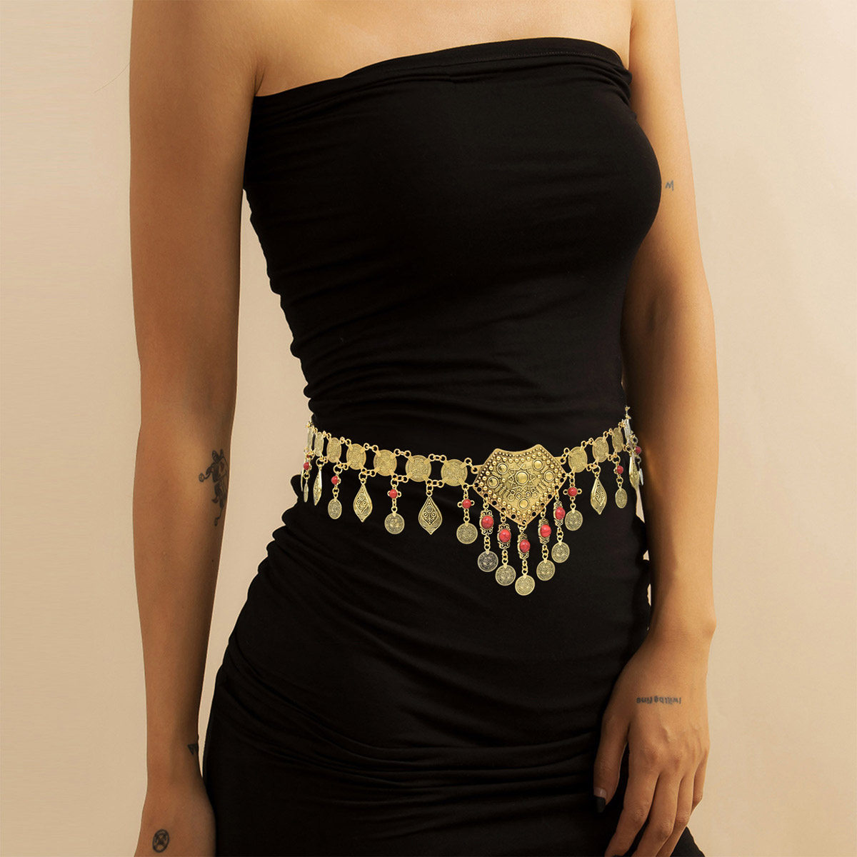 新款波西米亚钱币流苏腰链复古民族风合金仿松石肚皮舞腰饰配饰