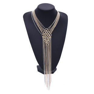 欧美金属圆环拼接领带式项链套装夸张多层链条流苏项饰手链两件套