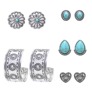 新款复古民族风仿绿松石耳环套装银色花朵耳钉耳饰多件套装饰品