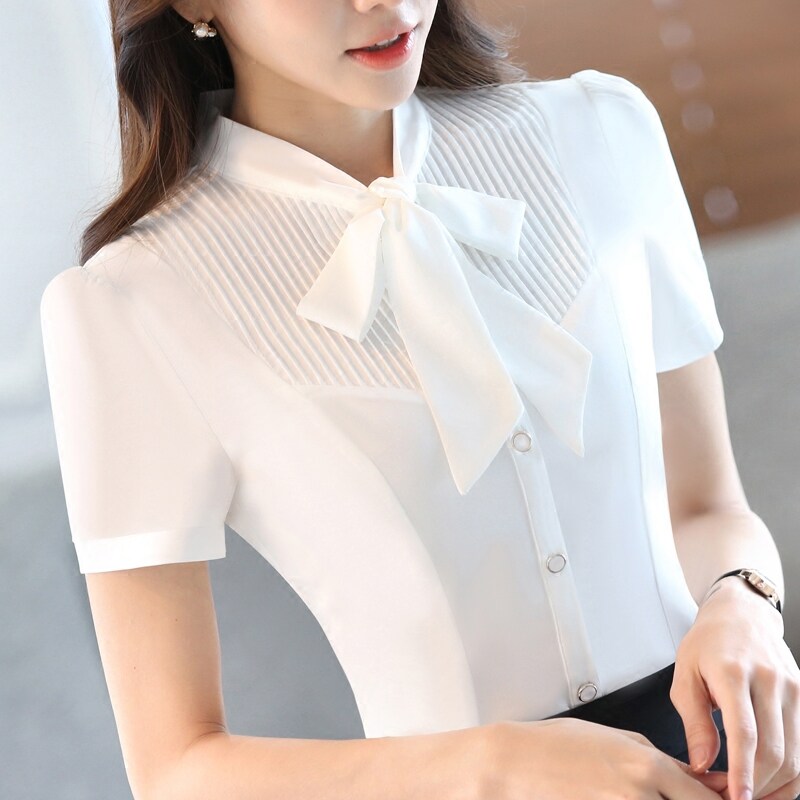 韩版新款2022职业白色衬衫女短袖夏季雪纺宽松正装大码蝴蝶结衬衣