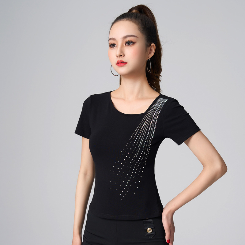 拉丁舞上衣女成人新款端摩登舞衣短袖时髦烫钻国标舞蹈练功服夏
