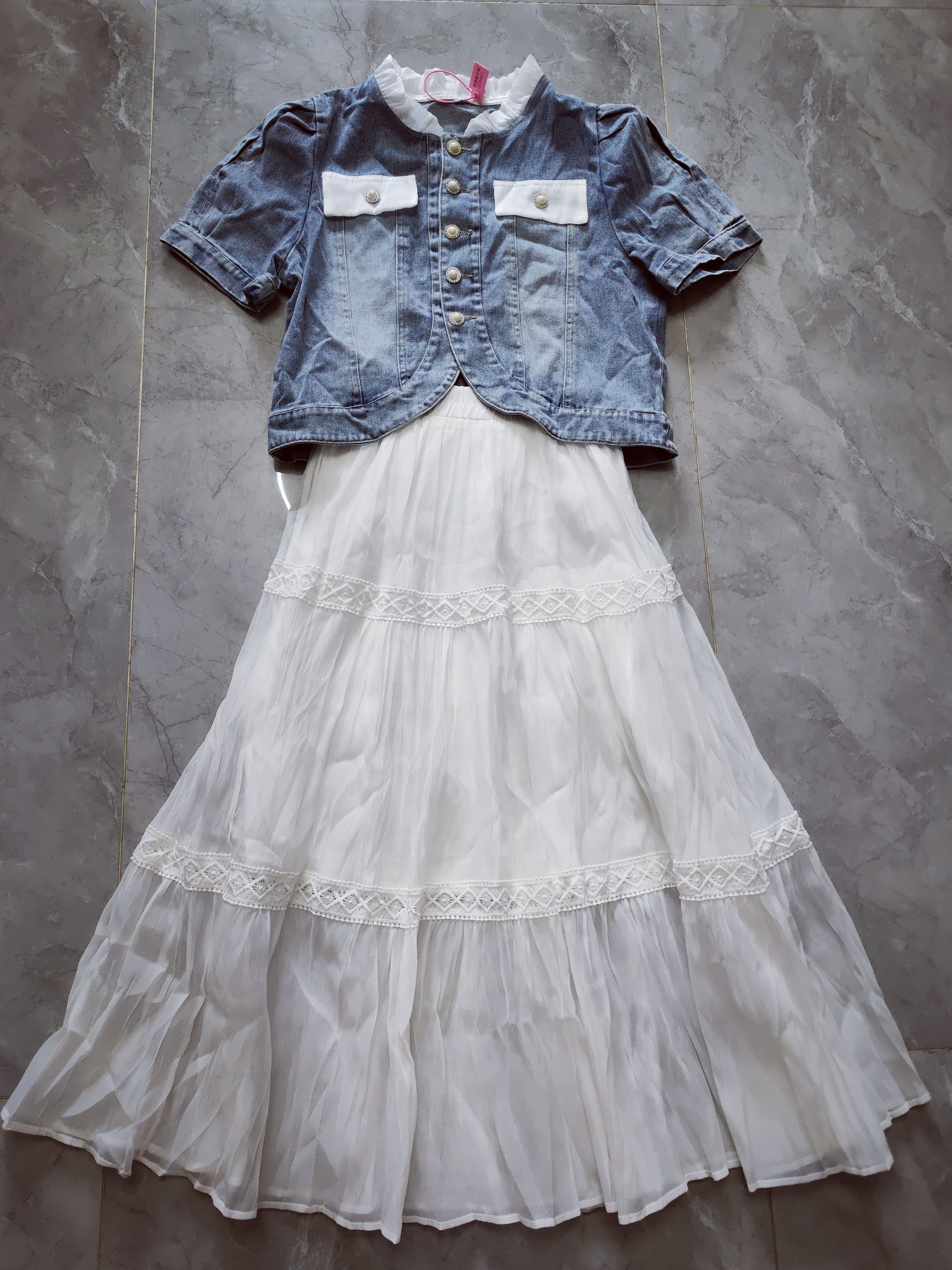 牛仔上衣+天丝半身裙套装 衣长45 胸围98 裤长80 腰60-78 均码