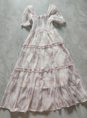 浅紫色松紧腰天丝连衣裙 长115胸70-92 腰围70-84 均码不退换