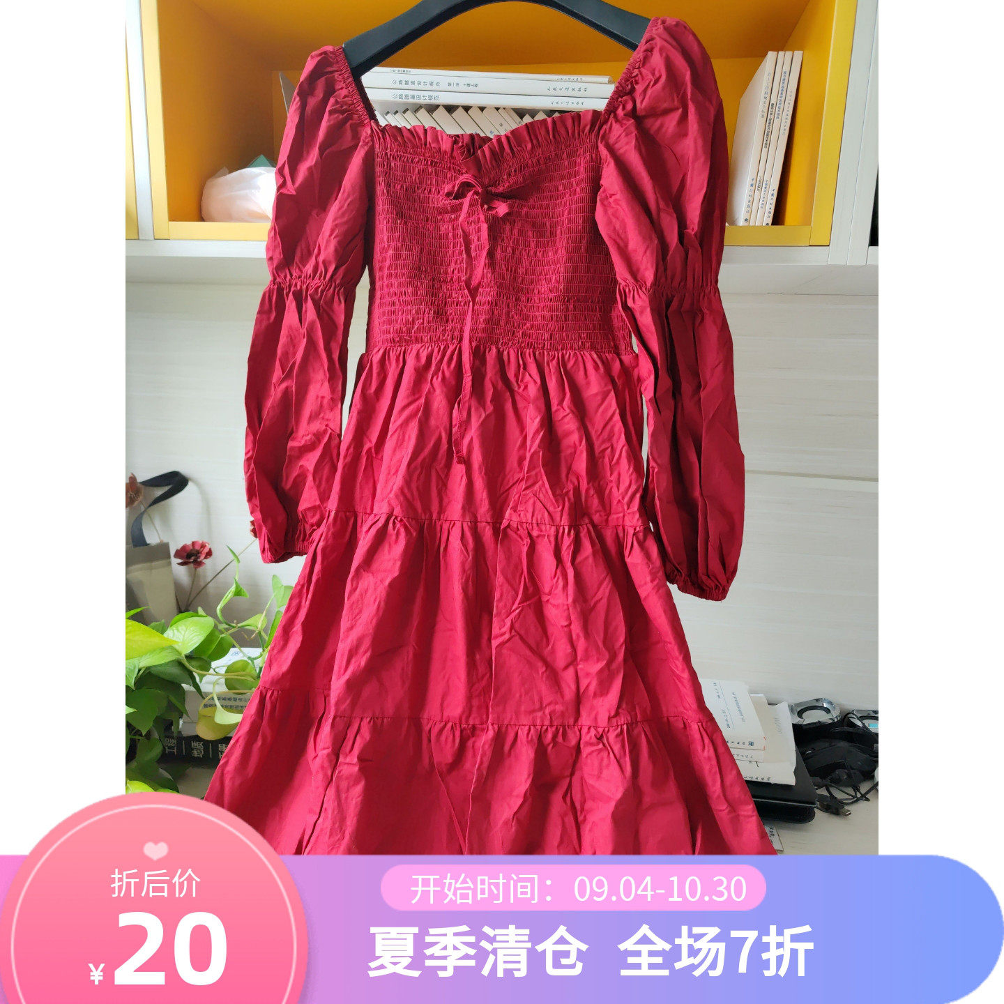灯笼袖红色连衣裙 裙长90 胸66-90 腰围60-80  均码不退换