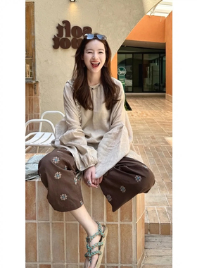 早春新款南法休闲汉麻刺绣小花九分九分裤 2522