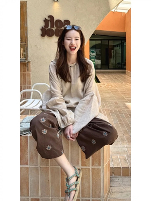 早春新款南法休闲汉麻刺绣小花九分九分裤 2522