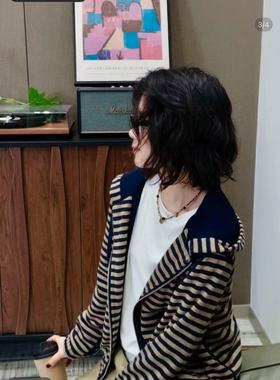 冬季复古落肩宽松条纹连帽卫衣双拉链开衫针织外套25383