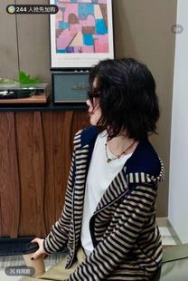 冬季复古落肩宽松条纹连帽卫衣双拉链开衫针织外套25383