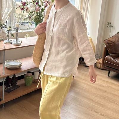 五一福利款 女士立领小口袋七分袖汉麻衬衫简约宽松衬衣上衣25126