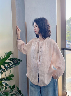 【水蜜桃】夏季水蜜桃汉麻轻薄防透中式休闲感衬衫25166