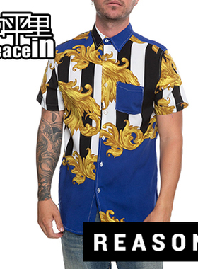 【北京现货】Reason 黑手党 MAFIA hiphop 印花奢华梭织衬衫 蓝色