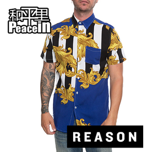 【北京现货】Reason 黑手党 MAFIA hiphop 印花奢华梭织衬衫 蓝色