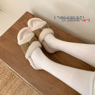 子一脚蹬鞋 皮带扣保暖外穿百搭鞋 女 毛毛拖厚底鞋 2025秋冬新款