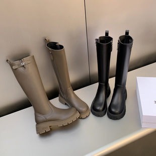 鞋 子英伦复古皮带扣高筒骑士靴小个子厚底长筒靴加绒粗跟长靴女潮