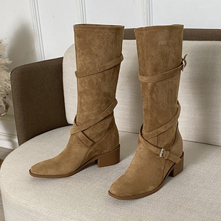 增高7cm大长腿尖圆头交叉带粗跟靴子中筒靴瘦瘦长靴女 Evsonen