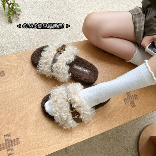 女外穿2025秋冬季 一字棉拖女鞋 新款 舒适勃肯鞋 子 韩版 厚底毛毛拖鞋
