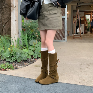内增高长筒靴女2025新款 复古百搭堆堆靴交叉扣显瘦中筒骑士靴 秋季