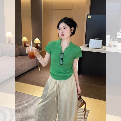 绿色polo领针织衫短袖t恤女短款多巴胺气质上衣夏薄款轻奢高级感