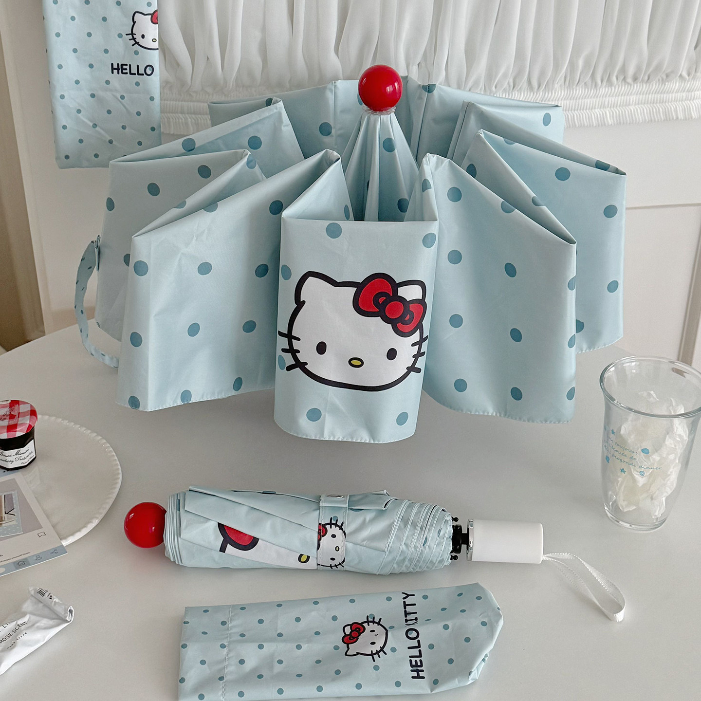 小波点HelloKitty雨伞女全自动晴雨两用太阳伞防晒防紫外线遮阳伞