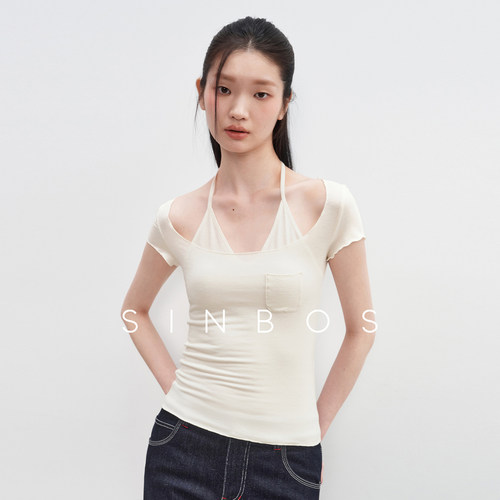 【汤曼妮粉丝专享】SINBOS叠影随行 莫代尔山羊绒假两件挂脖T恤女