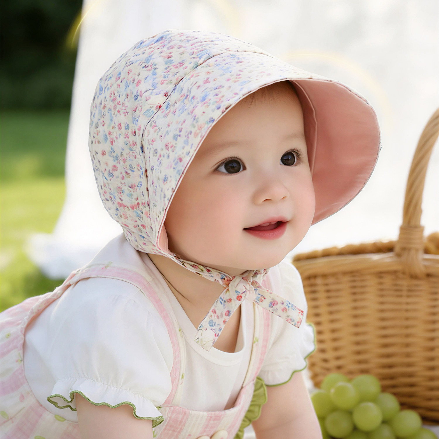 婴儿帽子防晒帽碎花双层大檐遮阳帽春款夏季薄款透气女宝宝防晒帽